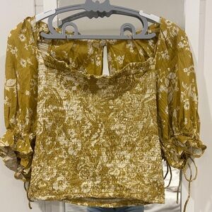 Anthropologie Mustard Floral Smocked Blouse Top
